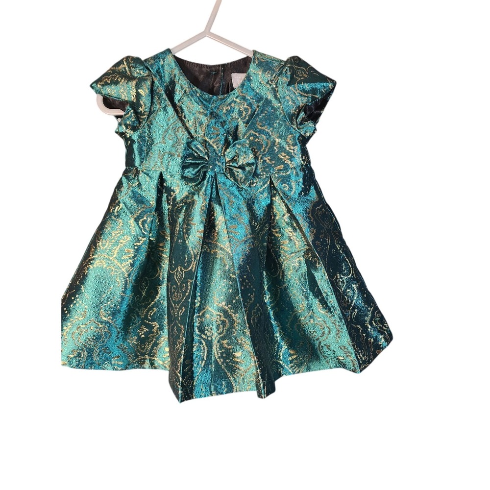 The Childrens Place Baby Girl Teal Gold Metallic Brocade Holiday Dress 9-12M
